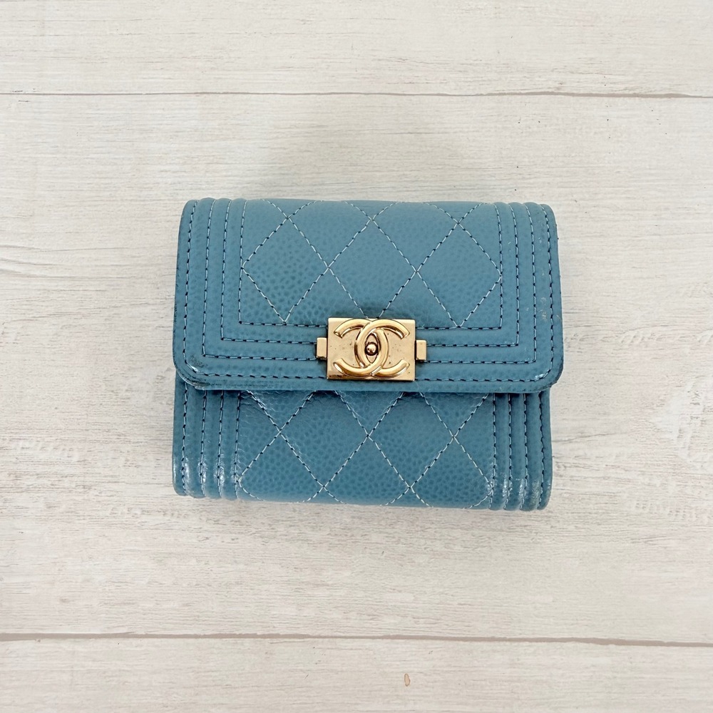 Chanel Boy Flap Wallet Light Blue Caviar Leather Gold Hardware Quilted Authentic